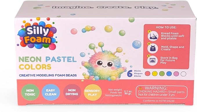 Silly Foam, Creative Modeling Foam Beads, 1-Pack of 6 Neon Pastel Colors, Perfect for Preschool and Kids, Arts & Crafts, Sensory Play, STEM, Travel Toy, Easter Basket Stuffers, Non-Toxic (Age 3+)