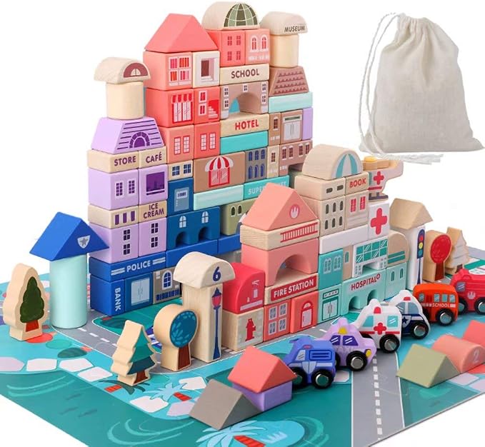 Migargle Wooden Building Blocks Set, 115 Pcs City Construction Stacker Stacking Preschool Learning Educational Toys, Toddler Toys for 3+ Year Old Boy and Girl Gifts