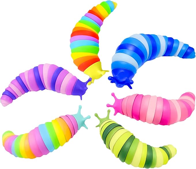 Kabvy 6 Pack Sensory Slug Fidget Toys, Stress Relief Toys for Kids 3+ | Slug caterpillar sensory fidget toys, autism & ADHD anxiety relief, travel play, classroom prizes, party favors, ages 3+
