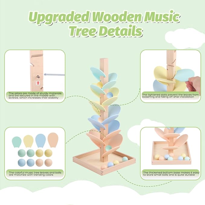 Marble Run Wooden Ball Drop Toys Toddlers 3-5 (Height: 19.9in) (1.1" Balls) | Wood Music Tree for 4-8 Toddlers Musical Game Montessori Toys Learning Color Sorting Sensory Toys for Boys Girls 8-12 Gift