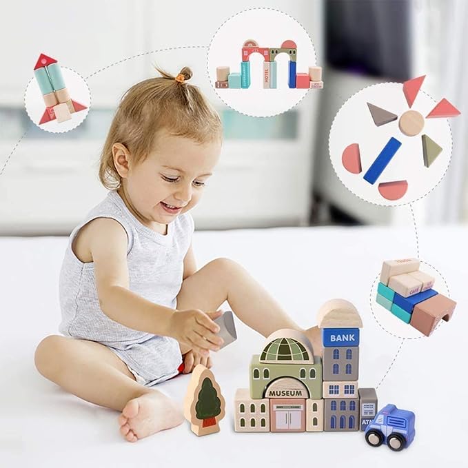 115 Pcs Wooden Building Blocks Toy Set for Kids, City Construction Stacker Stacking Preschool Learning Educational Toys Gifts for 3+ Boy Girl Toddler