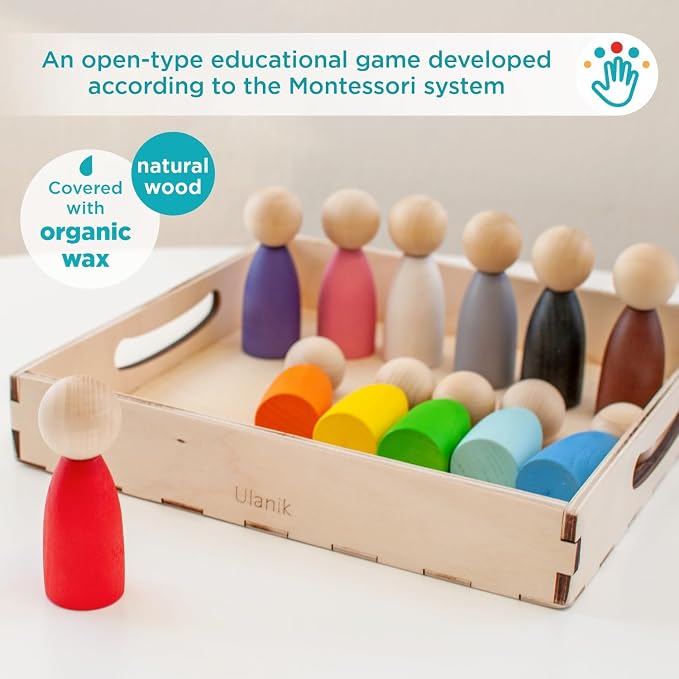 Ulanik Large Peg Dolls for Sorting Toddlers Montessori Toys for 1+ Year Old Baby Dolls Wooden Games for Learning Color Sorting & Counting — 12 Gnomes