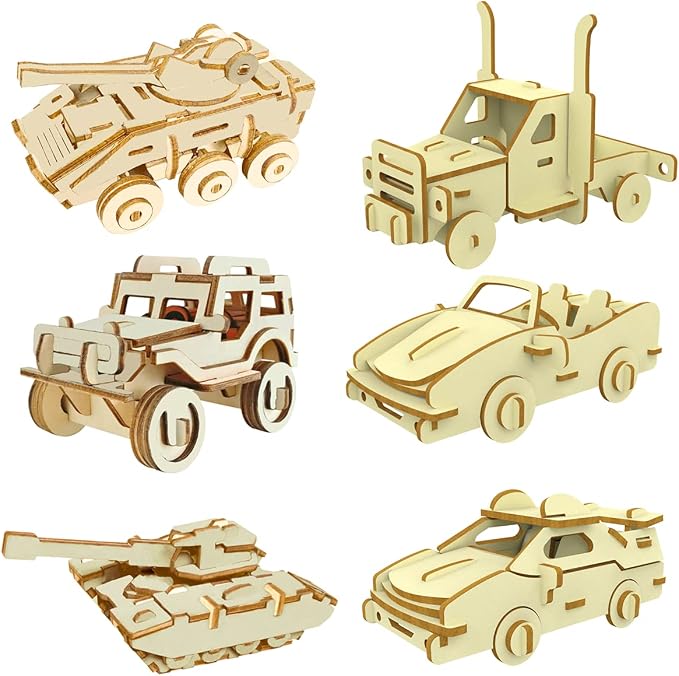 3D Wooden Car Puzzle, 6 Piece Set Wooden Car Brain Teaser Puzzles, DIY Assembly Build Model Kits, Wood Crafts STEM Gifts for for Adults & Teens Birthday Gifts Christmas