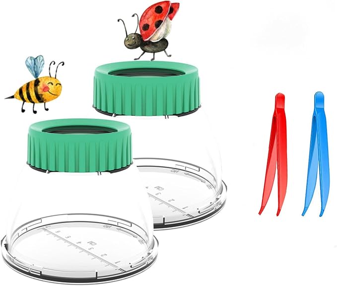 Bug Viewer for Kids 5X Magnifying Insect Observation Kit Built-in 7cm Ruler with 2 Slant Tweezers Bug Viewer Catcher Cage for Kids Science Nature Exploration (2 Pack Green), LX-4LS