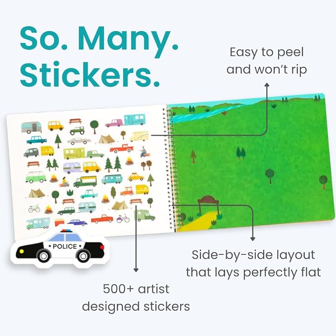 Cupkin Cars, Trucks, Planes & Trains Coloring & Sticker Book, 500+ Stickers | Spiral-bound kids craft format with 12 scenes, 12 art pages, side-by-side viewing, and an easy-peel design for ages 2–8