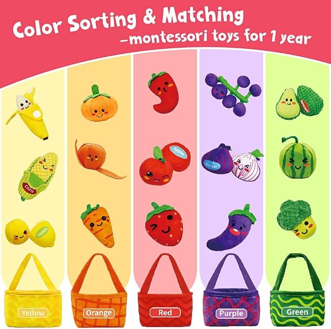 Play Food for Toddlers 1-3, Plush My First Fruit Vegetables Basket Color Sorting Rattle, Squeaker & Crinkle Play Food Set for Kitchen Baby Sensory Toys Easter Basket Stuffers Birthday Gifts 20PCS