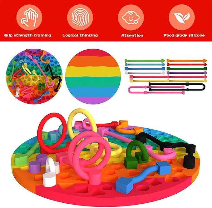 Round Sensory Activity Board, Sensory Toys for Kids with Autism, Stress Relief Silicone Quiet Fidget Toy for Toddlers Kids Adults, ADHD Autism Sensory Toys | Includes Portable Travel Bag & 12 Strings