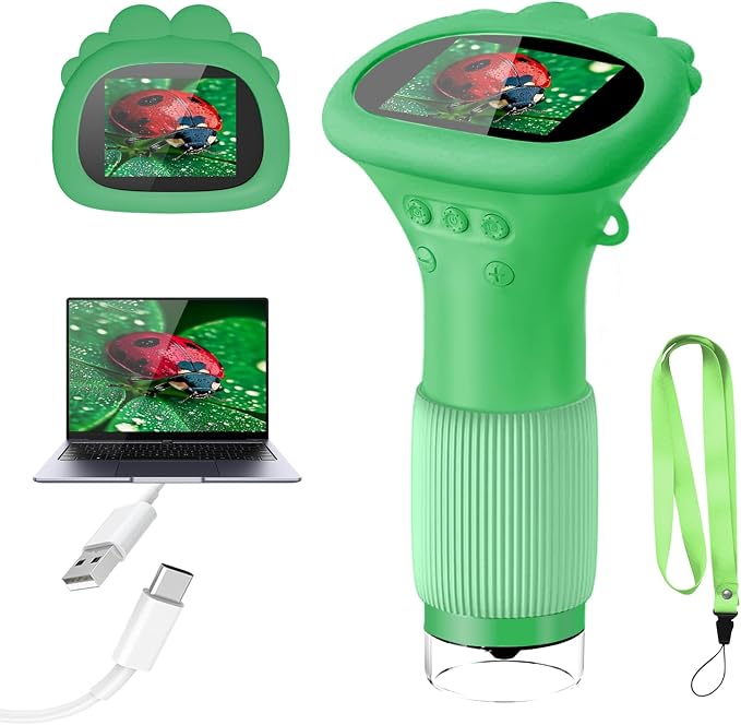 Acoath Microscope for Kids, 1000X Handheld Digital Miniscope with 2.0" Screen, Portable Pocket Microscope Education Toys Birthday Gifts for Age 3 4 5 6 7 8 9 10 Girls Boys-Green