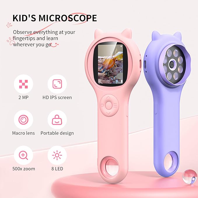 Pink and Purple Microscope for Kids-200X Portable Digital Mini Microscope- Your Little Scientist Miniscope - STEM Toy for Age 5 6 7 8 9 10 11 12 Years Old Toddlers.