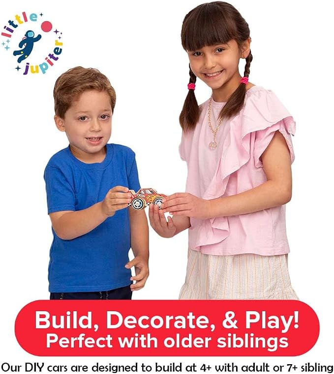 Little Jupiter DIY Wooden Kits w/Stickers - Building Kit - Stem Building Toys - Wood Crafts - Woodworking Kit - Wood Building for Ages 4-7 Yrs (Race Car)