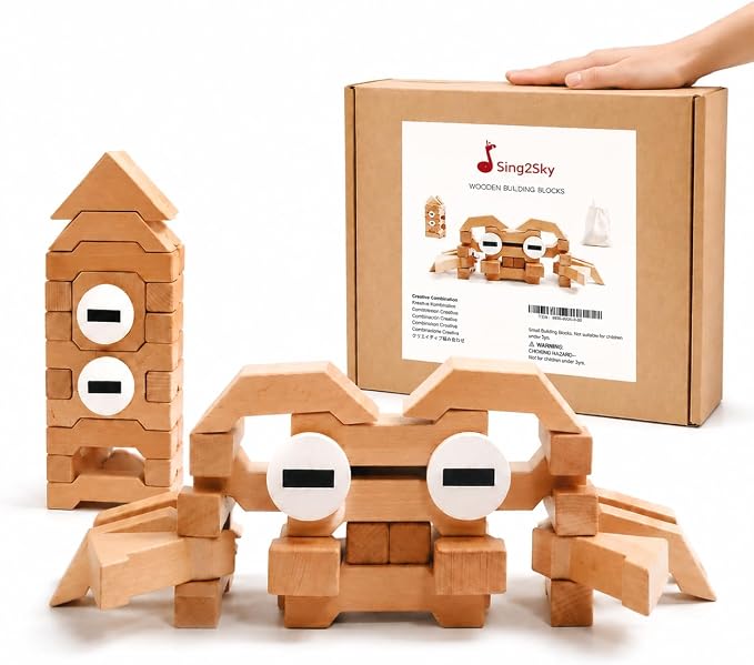 Montessori Wooden Building Blocks for Kids 3-8, Extra Large 4.4" Beech Wood Stacking Blocks, 31 PCS Open-Ended Learning Toy, Natural Wooden Shape Blocks for Creative Building, Quiet Play