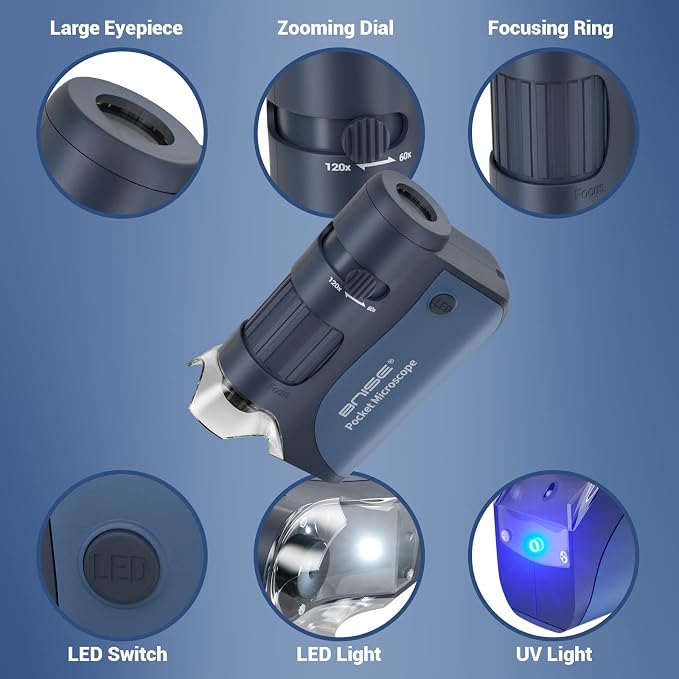 Pocket Microscope for Kids 60X-120X Handheld Science Learning Toy | LED Light, 5 Slides Specimen, Curious Kid Explorer, Backyard Classroom Park Nature, Discovery STEM Education Gift