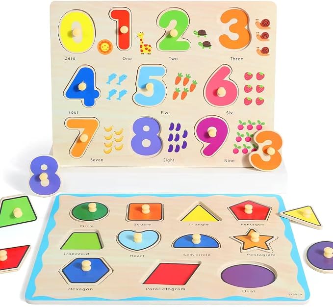 GRINNNIE Wooden Montessori Toddler Puzzles for 3 4 5 Years Old, 3 Pcs (Number, Letter, Shape) Kids Preschool Educational Peg Puzzle Set
