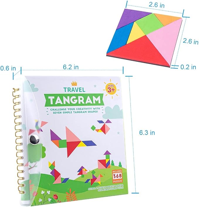 Vanmor Magnetic Tangram Puzzle for Kids – Montessori Quiet Travel Game with 368-Challenge IQ Book, Educational Magnetic Puzzle Toy for Airplanes, Car Rides, and Road Trips (Ages 4–8)