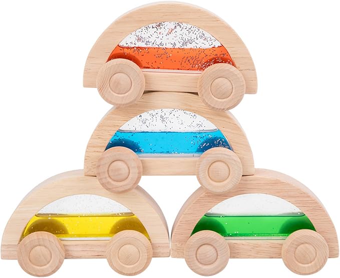 Dinhon Wooden Acrylic Water Glitter Car Toys for Toddlers 2-4, 4 Pack Colorful Sensory Water-Filled Cars, Montessori Toy Set for Boys Girls, Acrylic Rainbow Building Block Matching Products