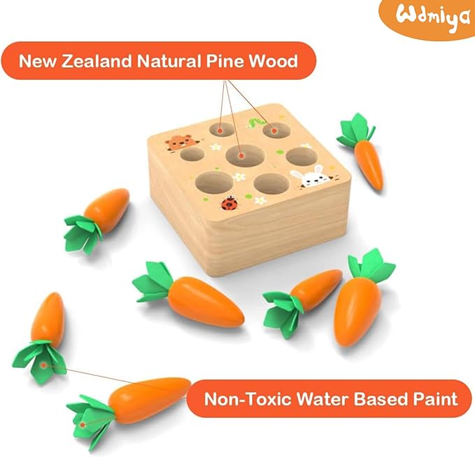 Wdmiya Montessoritoys for 1 Year Old, Wooden Toys Developmental | Shape Sorting & Matching Puzzle Carrots Harvest Game, Birthday Gifts for Boys and Girls, Christmas