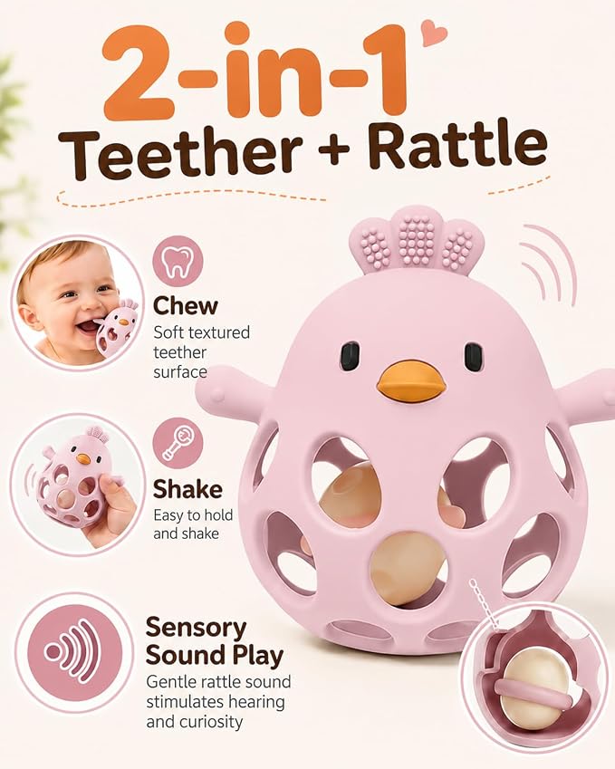 Tinabless Baby Teether Rattle Toys, 2-in-1 Easy Grip Silicone Teething for Babies 3-12 Months, BPA-Free Sensory Chew Toy for Sore Gums, Infant Gift (Pink w/Rattle)