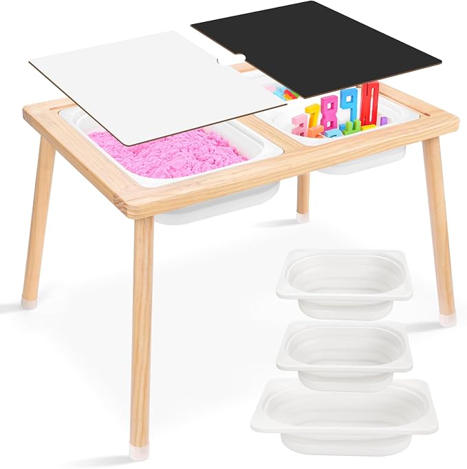 Kids Sensory Table, Sensory Activity Table with Double-Side Board & 3 Storage Bins, Toddler Play Sand Table Indoor Outdoor Use to Play Study Dining Toys Storage Boys Gilrs