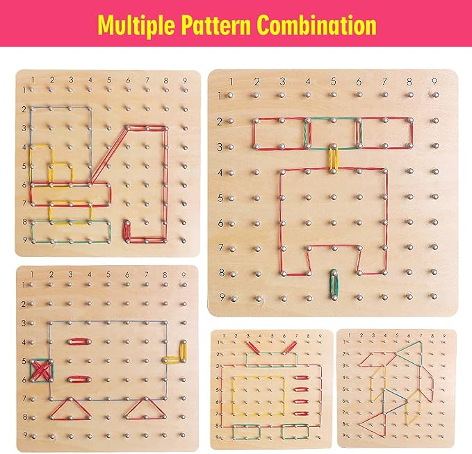 Wooden Geoboards - Montessori STEM Toy with Pattern Cards for Kids Ages 3+ | Pattern Cards & Rubber Bands, Geometric Shape Learning, Classroom STEM Tool, Brain Teaser Gift
