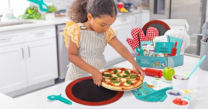 Kids Pizza Making Kit | Real Reusable Chef Tools | Ages 5-12 | Silicone Baking Mat Rolling Pin Pizza Cutter | Oven Mitts Chef Hat | 7 Visual Recipe Cards | Family Fun Birthday Gift