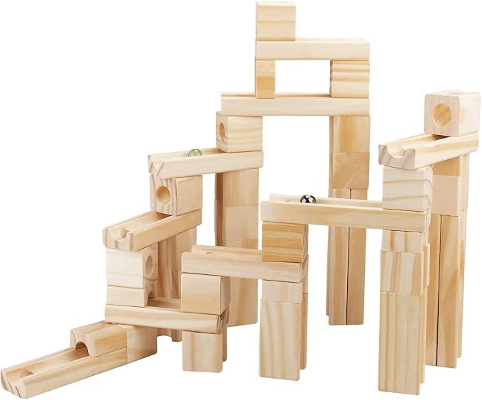 Wooden Marble Run for Kids Ages 4-8, 60 Pieces Wood Building Blocks Toys and Construction Play Set, Marble Track Maze Game STEM Learning Toys Gifts for Boys Girls (60pc Set)