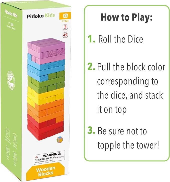 Pidoko Kids Wooden Tumbling Tower Blocks Stacking Game for Kids - 49 Pcs | Board Games for Family Game Night - Montessori Toys Gifts, Includes Storage Bag