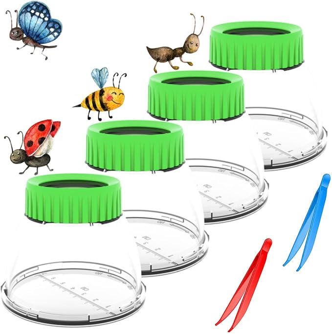 4Pack Green Bug Viewer with 5X Magnifier | Bug Jars for Kids Collecting | Built-in 7cm Ruler with 2 Slant Tweezers,Bug Catcher Kit for Kids Science Nature Exploration,Hands Fine Motor Tool Set