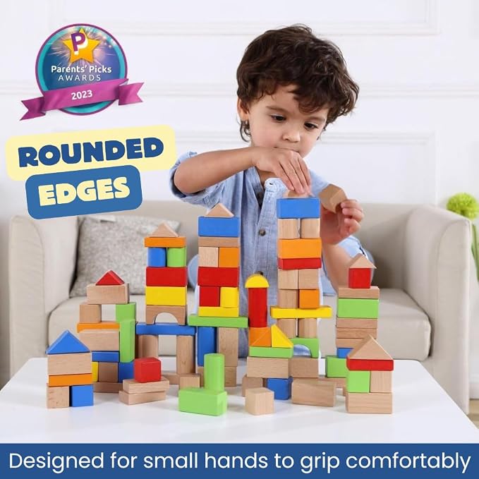 Pidoko Kids Building Blocks for Toddlers 1-3, 100 Pcs Wooden Blocks | Includes Storage Bucket and Shape Sorter Lid - Montessori Wood Block Gifts For Preschool Boys & Girls