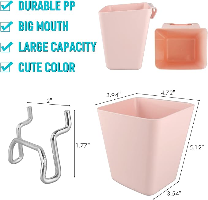 Large Pegboard Cups, 6Pack Peg Board Square Storage Bins With Hooks (Pink) | Big Open-Mouth Cups, 1/8" 1/4" Pegboard Organizer Accessories, Cup Holder for Craft Garage Workbench Office Tools Supplies