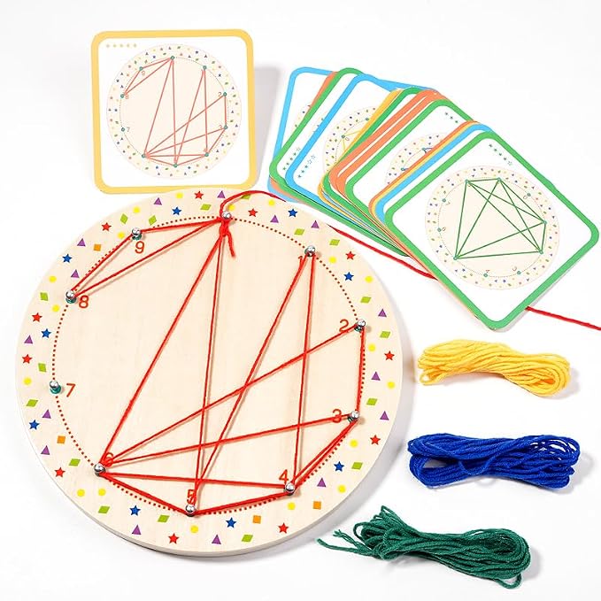 EduLand Montessori Wooden Peg Board Winding Patterns Game - Learning & Development Toy - 3+ Years - Includes 4 Colors Wool, 20 Pattern Cards, Wooden Pegboard