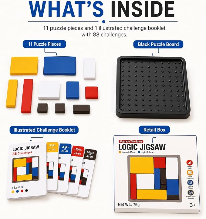 2 Pack Logic Puzzle Brain Teaser Game for Kids and Adults, 2 Complete Sets with 88 Challenges Each, 4 Difficulty Levels, Portable Travel Brain Game, Screen-Free Learning by Sooshoom