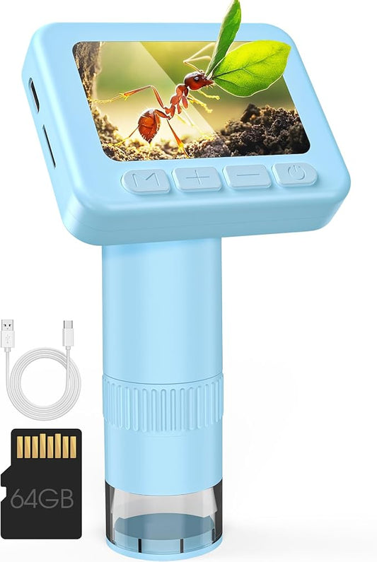 IMICHI Microscope for Kids 50X-1000X - 2 inch IPS HD Screen, 32GB Storage Card, 1080P Video, 2-Hour Battery Life, Easy Carry, Slides Included - Perfect Science Kit Gift for Kids Ages 8-12 Blue