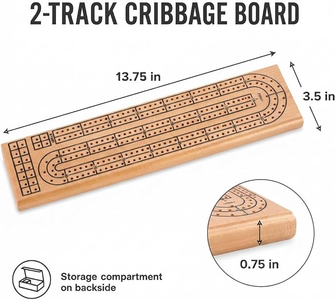 Natural Wooden 2 Track Cribbage Board with 6 Plastic Pegs, Classic Cribbage Game Board with Black Printed Tracks, Backside Peg Storage, 13.75 x 3.5 x 0.75 Inches