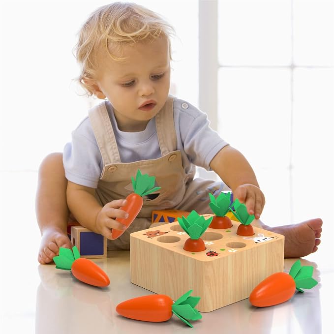 KMTJT Montessori Carrot Harvest Game Wooden Toy for 2 3 Year Old Toddlers | Educational Carrot Harvest Toy for Boys and Girls, Shape Sorting Matching Puzzle, Developmental Birthday Gifts
