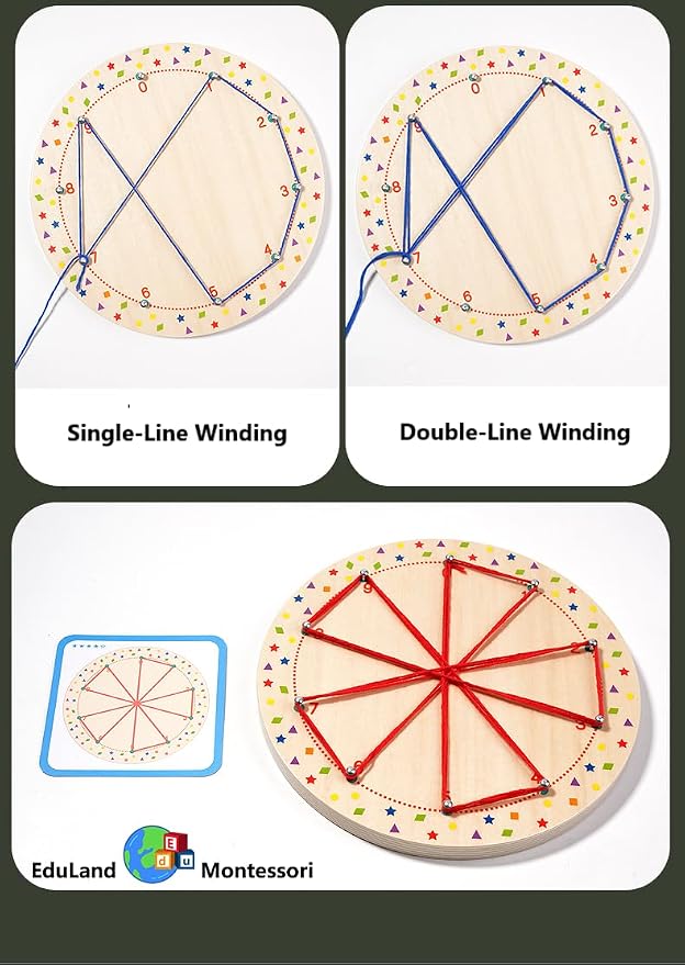EduLand Montessori Wooden Peg Board Winding Patterns Game - Learning & Development Toy - 3+ Years - Includes 4 Colors Wool, 20 Pattern Cards, Wooden Pegboard