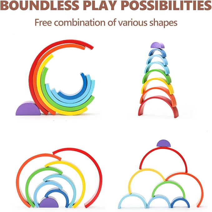 TUOWITA Wooden Rainbow Stacking Toy, Large Wood Stacker Arch Game, Montessori Arch Bridge Rainbow Building Blocks, Colorful Stacking Blocks Puzzles for Kids 3 4 5 Years Old, Rainbow Decor (8 Layers)
