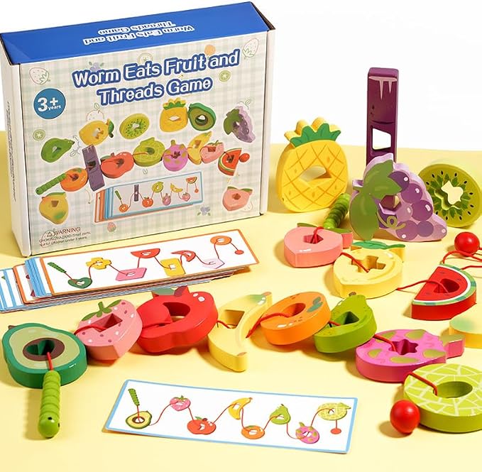 Wooden Greedy Caterpillar Lacing Toy, Montessori Threading & Stringing Toy with 20 Pattern Cards, Fine Motor Skills Educational Travel Gifts for Kids Ages 3+