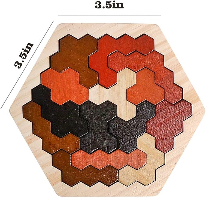 Wooden Hexagon Montessori Tangram Puzzle, STEM Brain Teaser for All Ages | Colorful Geometric Shapes, Montessori Learning Toy, Logic IQ Game, Educational Gift for Kids Teens Adults