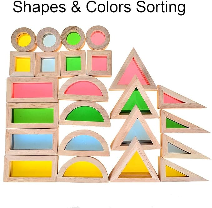 BOHS Translucent Wooden Rainbow Blocks for Kids, 24-Piece Sensory Set | Six shapes in four vivid colors; light-table and sunny-window play; color mixing, motor skills and open-ended creativity