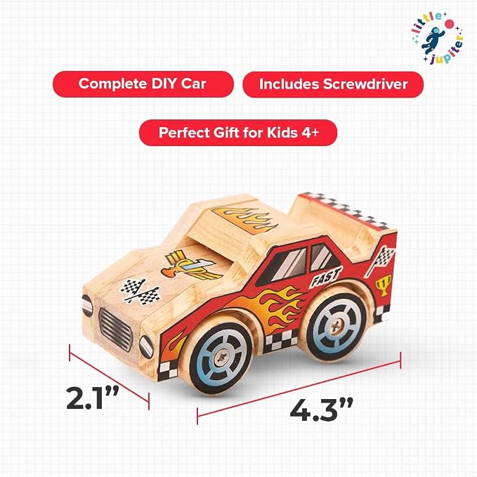 Little Jupiter DIY Wooden Kits w/Stickers - Kids Building Kit - Stem Toys for Ages 4-7 - Wood Crafts for Kids - Woodworking Kits (Monster Truck 1 & Race Car)