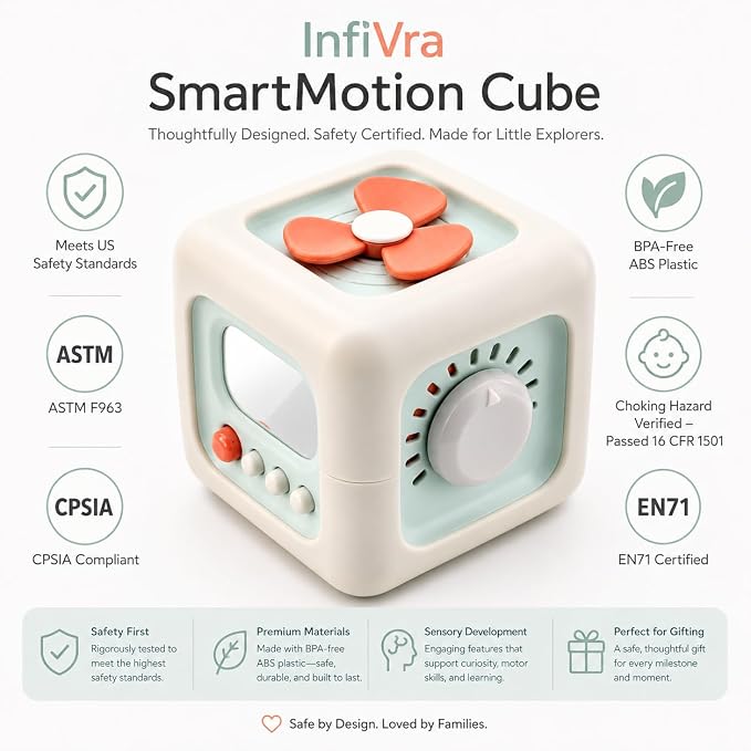 SmartMotion Cube for Toddlers 1-3 Years. Montessory Inspired - Sensory Fine Motor Skills Toy with Switches, Dials & Sliders - Quiet Travel Activity Toy - Birthday Gift for Boys & Girls.