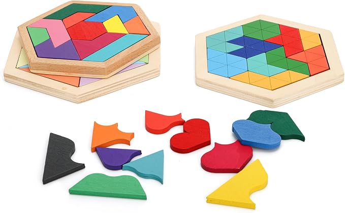 Yopay 6 Pack Wooden Tangrams Puzzles for Kids, 6 Styles Brain Teaser Hexagon Puzzle Block Geometric Shapes Jigsaw 3D Logic IQ Game