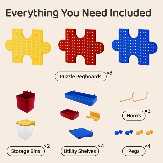 Pegboard Wall Organizer, Puzzle Modular Plastic Storage System with Hooks Shelves Boxes, Colorful Red Yellow Blue, 33.1 x 9.4 Inches, Wall Decor for Entryway Home Office Kids Room Craft Area