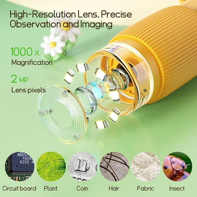 Kids Microscope Handheld – 2" Digital Microscope for Kids with 8 LED Lights, 50X-1000X Portable Pocket Microscope for STEM Learning, Educational Toy for Boys & Girls Ages 3-12（Yellow）