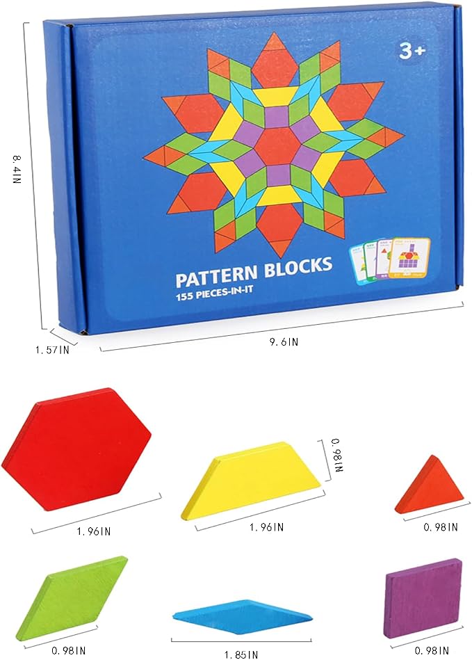 155 Pcs Wooden Pattern Blocks Set - Geometric Shape Puzzle for Kindergarten - Classic Educational Montessori Tangram Toys with 24 Design Cards for Kids Ages 3-8