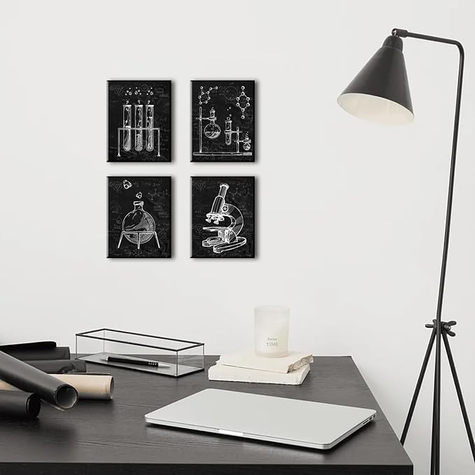 Chemistry Wall Art Black and White Science Exploration Decor 10x8Inch | Science Classroom Art Pictures for Lab Kids Playroom Bedroom Classroom Bulletin Board Decor, Set of 4 Framed