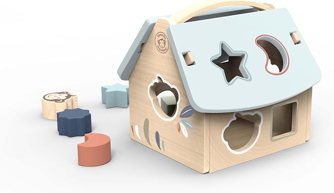 House Shape Sorter with 8 Blocks, Fun Colors, Shapes, Monkey Character, Wooden Toy, Non-Toxic Paint, Enhances Learning, Ideal for Kids | 8 blocks, monkey character, sorting & stacking toys, montessori toys, preschool toys, shape recognition, fine motor...