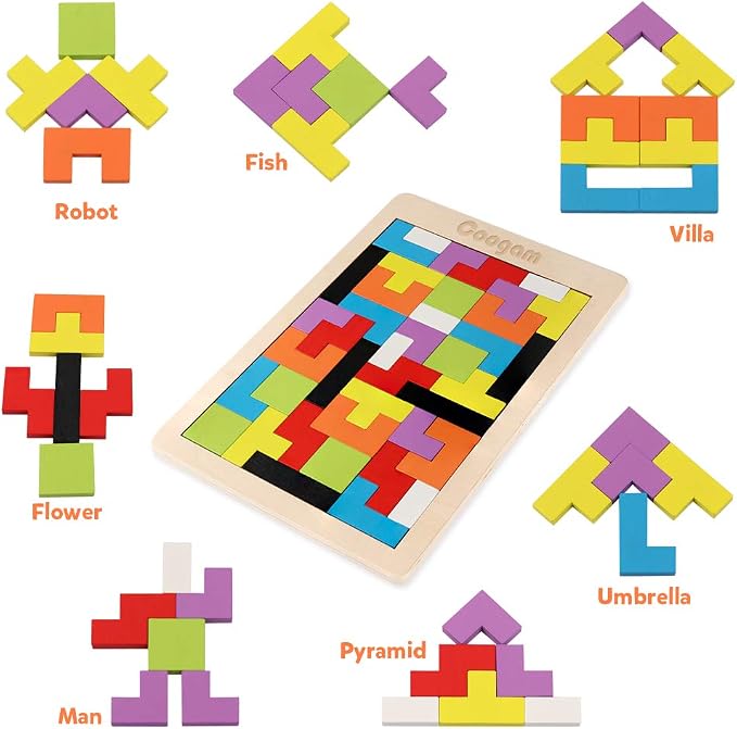 Coogam Wooden Blocks Puzzle Brain Teasers Toy Tangram Jigsaw Intelligence Colorful 3D Russian Blocks Game STEM Montessori Educational Gift for Kids (40 Pcs) | Wooden Puzzle Box Brain Game Building Block Intelligence Educational Gift for Toddlers