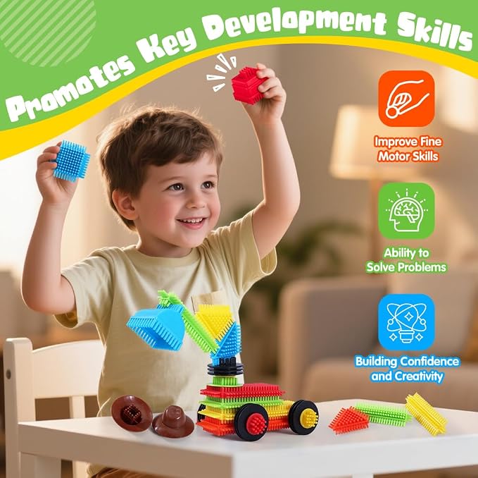 teytoy 200Pcs Building Blocks Toys,Bristle Shape Building Blocks Set | STEM Interlocking Construction Learning Toys Pretend Play for Kids Ages 3+