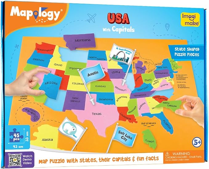 Imagimake Mapology USA Map Jigsaw Puzzle, Learn States, Capitals with Flags | 50 State Puzzle, Learn USA Capitals, Back to School Gift for Boys & Girls Ages 5,6,7,8,9,10,11,12 Years Old